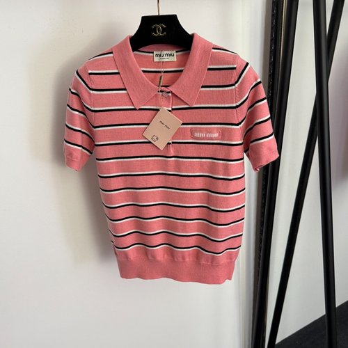 Miu Miu Pink Polo Collar Striped Short-Sleeve Wool Knit Top