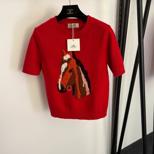 Hermes Red Horsehead-Embroidered Jacquard Sleeveless Wool Pullover