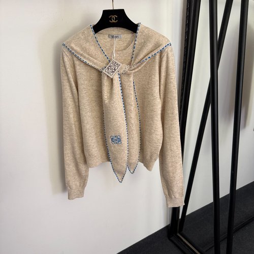 Loewe Apricot, Red, Navy Logo-Embroidered Shawl Wool Knit Top