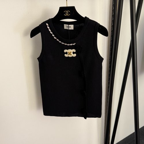Celine Metal Logo Embroidery 3D Hook Flower Rhinestone Vest
