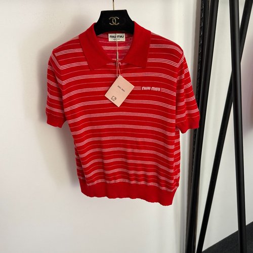 Miu Miu Logo-Lettered Polo-Collar Striped Wool Knit T-shirt