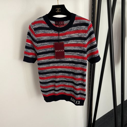 Gucci Color-blocked Striped Red Hollowed-out Knit Pullover