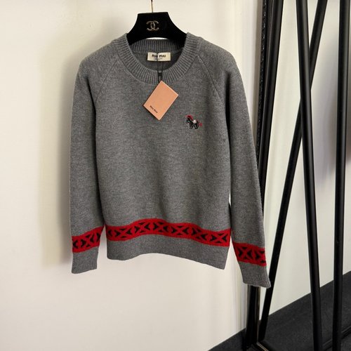 Miu Miu Cute Pony Logo-embroidered Two-color Wool Knit Pullover