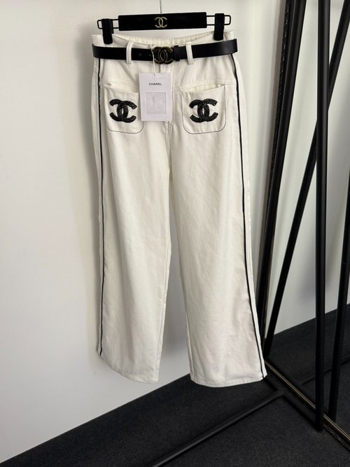 Chanel White Studded Logo Double-Pocket High-Waist Jeans