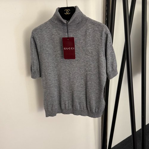 Gucci Gray GG Embroidery High-Collar Short-Sleeved Wool Knit Top