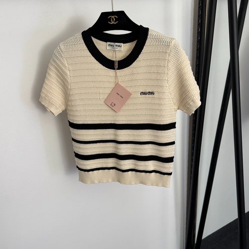 Miu Miu Apricot Logo Embroidery Striped Short-Sleeved Knit Top