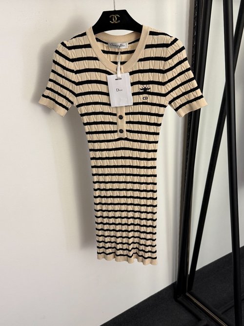 Dior Striped Knit Short Sleeve Dress Adorned with CD Bee Motif in Multiple Shades