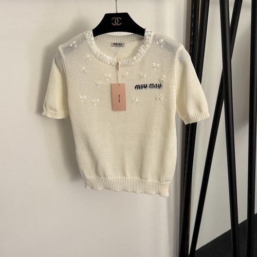 Miu Miu Round Neck Short Sleeve Knit Top with Sequined Logo in Assorted Colors