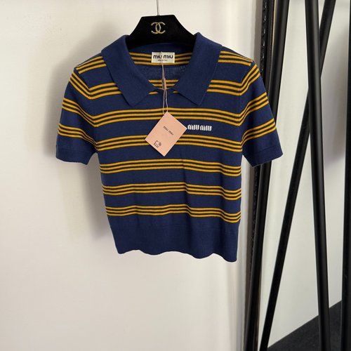 Miu Miu Color-Blocked Stripe Turn-Down Collar Knit Top with Letter Emblem in Serene Blue, Brown