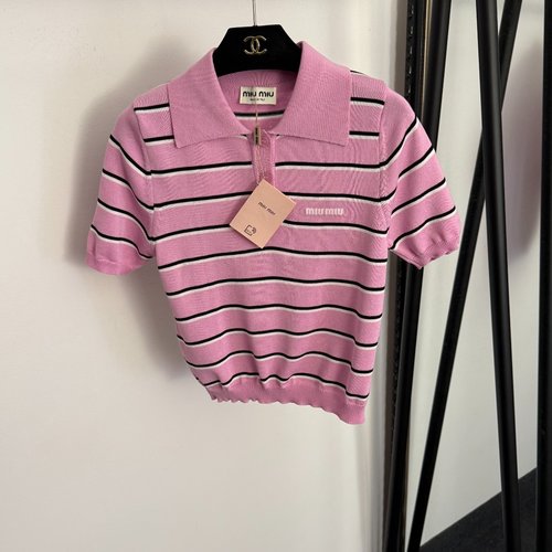 Miu Miu Polo Collar Striped Knit Top with Logo Lettering in Soft Pink, Orange-Pink Hues