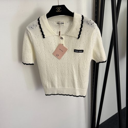 Miu Miu New Collar Label Letter Polo Collar Hollow Knit Top in White, Black, Pink