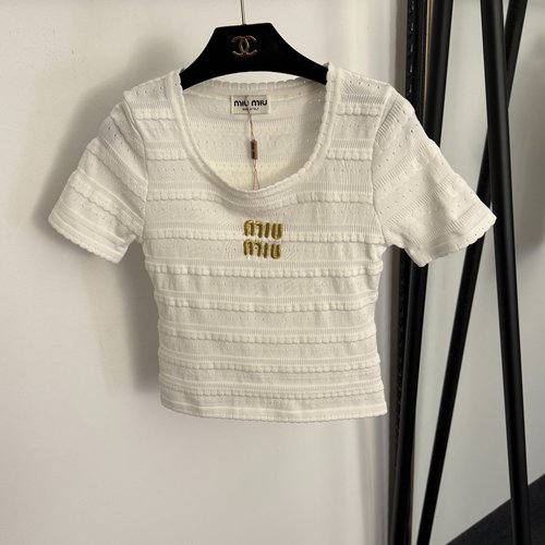Miu Miu New Logo Embroidered Letter Knit Top in White, Blue