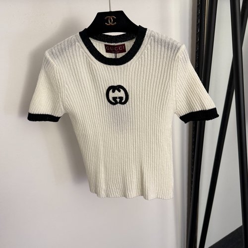 Gucci White, Pink & Black Knit Top with GG Embroidery