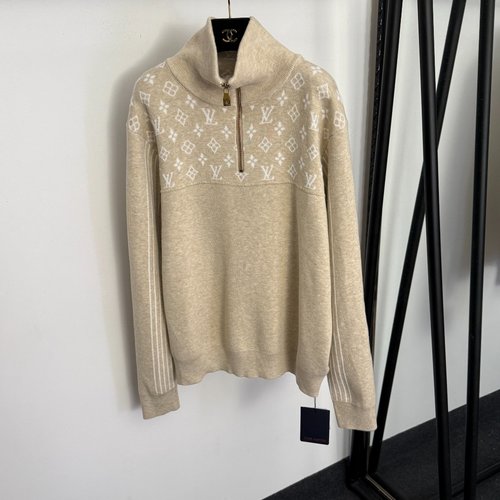 Louis Vuitton Apricot Long-Sleeved Wool Knit Sweater with Monogram Logo and Half-Zip Collar