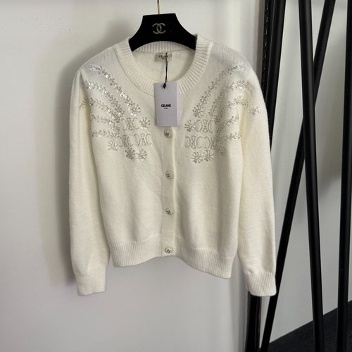 Celine Sequined and Beaded Logo Wool Blend Knit Cardigan