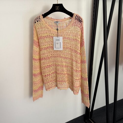 Chanel Small Logo Lazy Striped Cutout Long Sleeve Knit Top in Pink