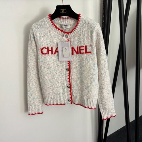 Chanel Small Logo Wool Knit Open Front Sweater in White with Round Neck