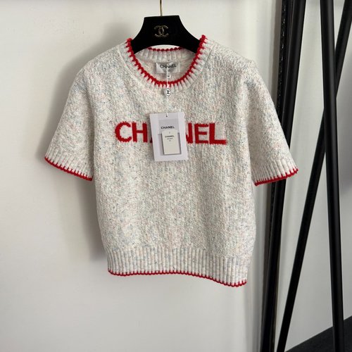Chanel Tweed Logo Letter Pullover Short-Sleeve Wool Knit Top in White