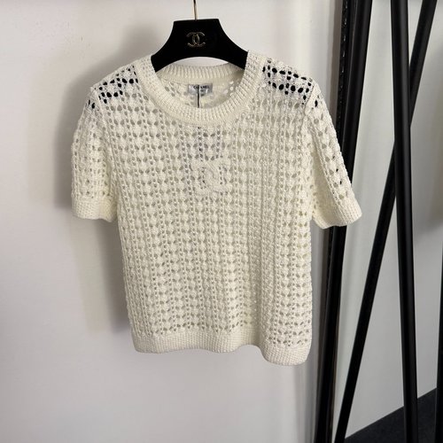 Chanel Tweed Logo Embroidery Hollowed-Out Short-Sleeve Knit T-Shirt in Beige, Pink and Black