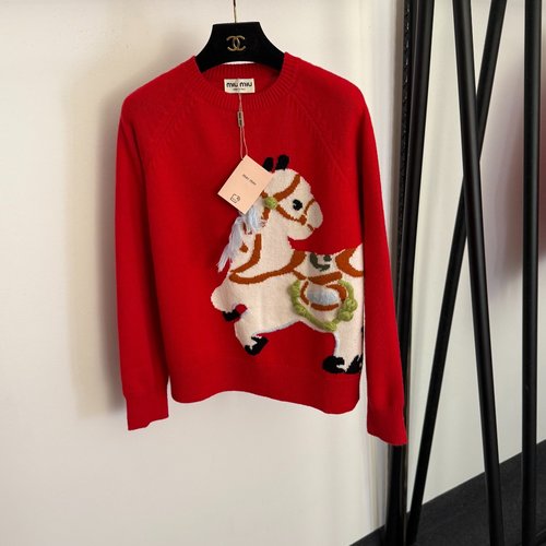 Miu Miu Red Long-Sleeve Wool Knit Pullover with Pony Embroidery