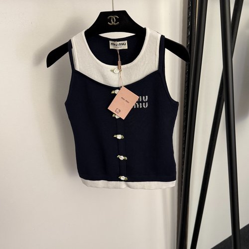 Miu Miu Rhinestone Logo Camellia Color-Blocked Knit Vest in 3 Colors