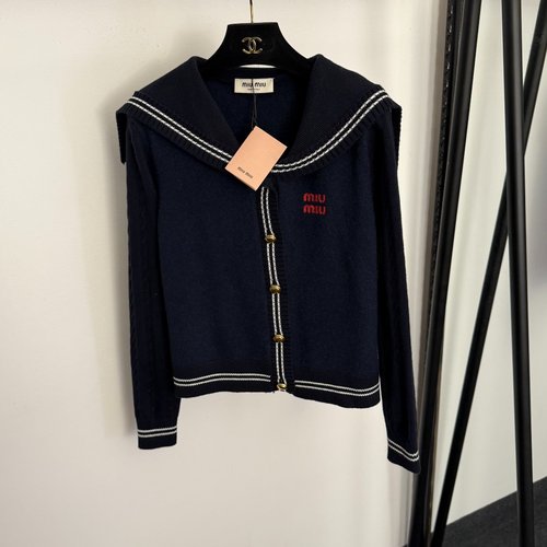 Miu Miu Logo Embroidery Navy Collar Long-Sleeve Knit Cardigan