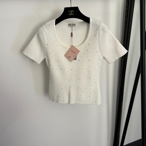 Miu Miu Star Studded Logo Embroidered Slim Knit Short Sleeve Top