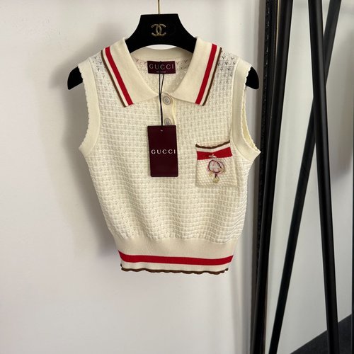 Gucci GG Embroidered Neutral Knit Sleeveless Vest