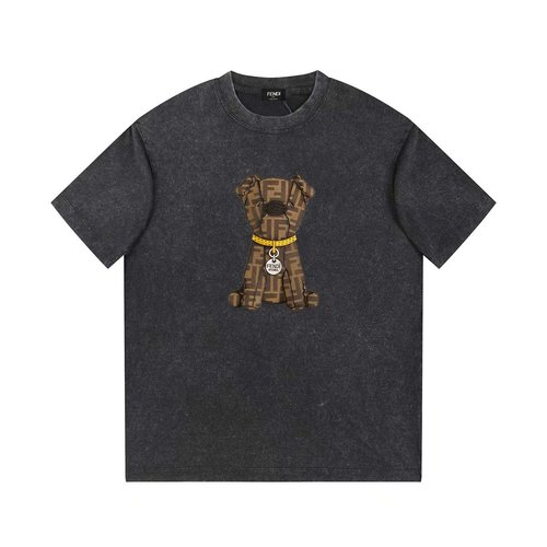 Fendi Cotton Wash T-Shirt with Dog Print and Dual F Logo