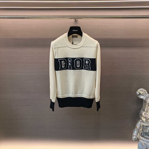 Dior Cartoon Pattern Knitted Round Neck Beige Sweater