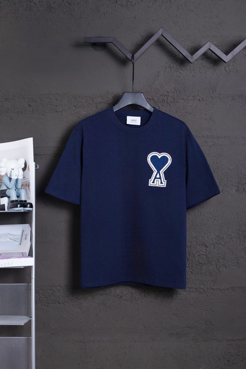 Ami Heavyweight 100% Double-Yarn Cotton T-Shirt in Navy Blue