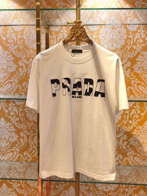 Prada Stylish Letter-embroidered Black and White T-Shirt