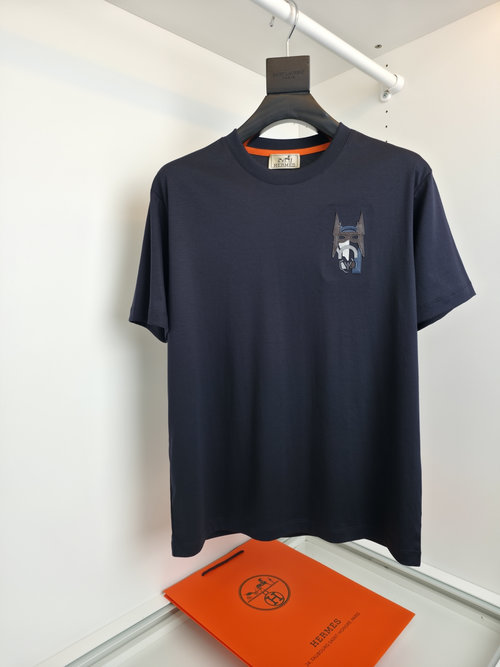 Hermes Round Neck Short-Sleeved Silk T-Shirt with Leather Mask