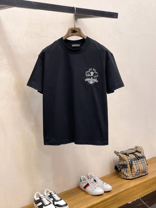 Chrome Hearts Premium Cotton Short-Sleeve T-Shirt with Logo and Distressed Edges