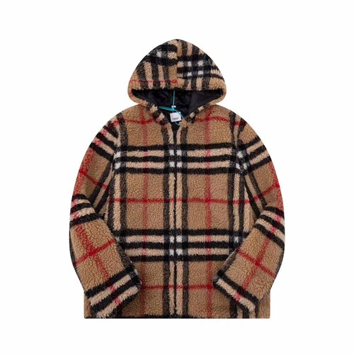 Burberry Checked Teddy Lamb Wool Hooded Coat
