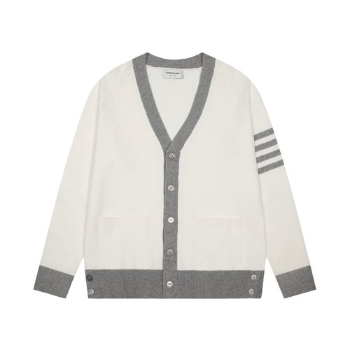 Thom Browne Soft Woolen Cotton Shawl-Front Cardigan in Grayish White