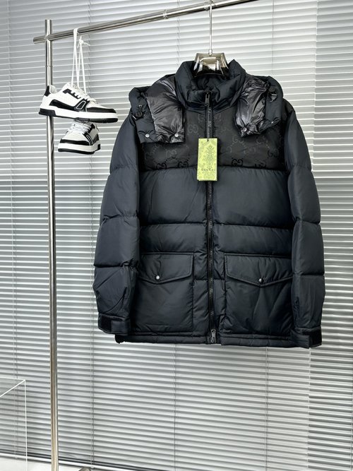 Gucci Waterproof Nylon Hooded Down Jacket with GG Pattern