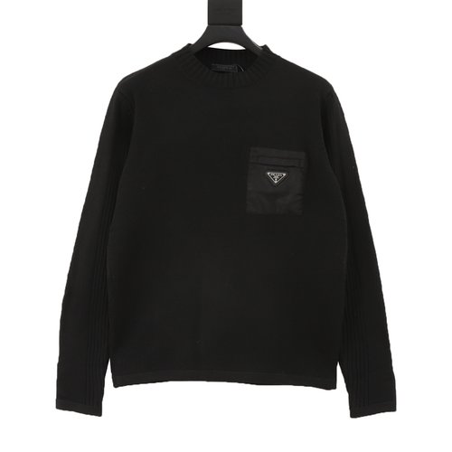 Prada Nylon Pocket Round-Neck Pure Wool Sweater