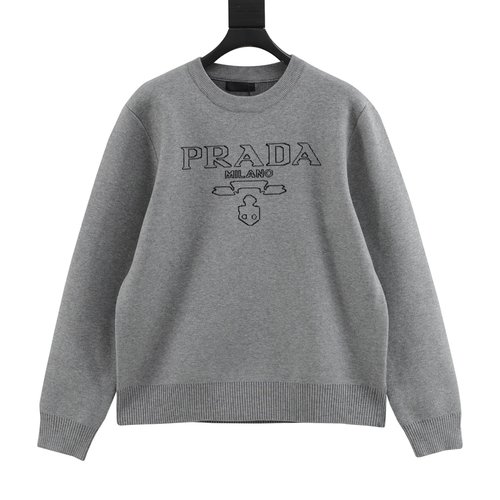 Prada Color - Woven Logo Knitted Round - Neck Sweater