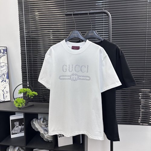 Gucci Classic Letter Logo Rhinestone Short Sleeve Tee
