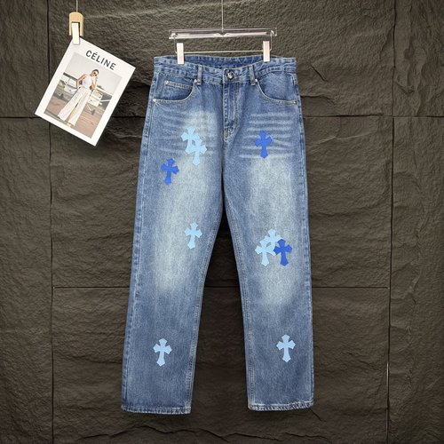 Chrome Hearts Blue Cross Patch Denim Jeans for Couples
