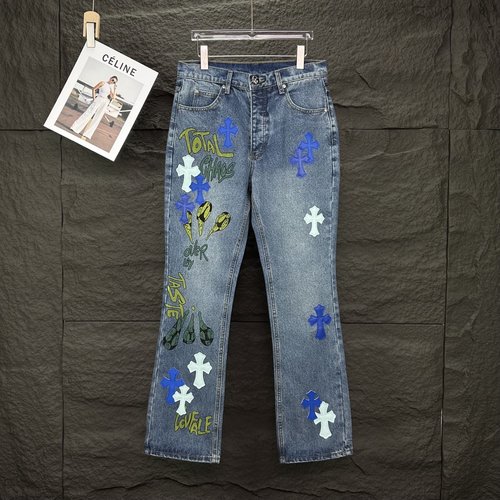Chrome Hearts Blue Graffiti Cross Patch Flared Jeans - Timeless Style