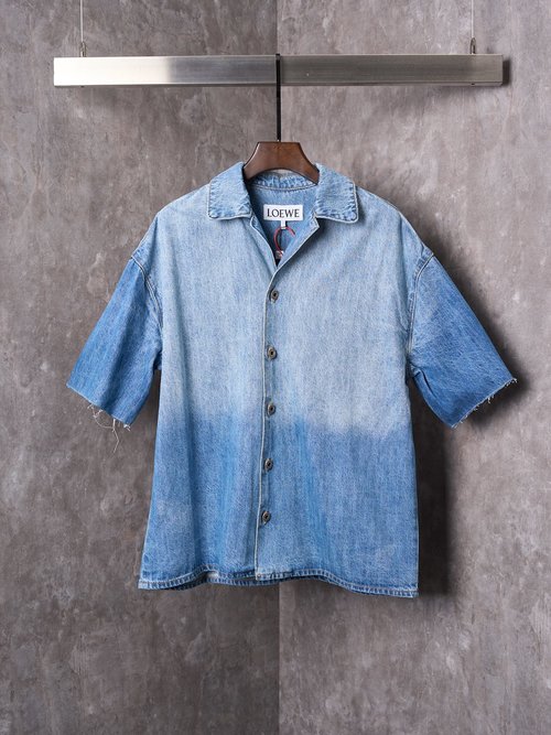 Loewe Washed Denim Short Sleeve Shirt with Anagram Cutout