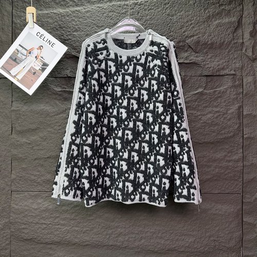 Dior Heavy Zipper Towel Embroidered Crew Neck Sweater, Gray