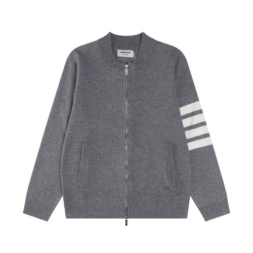 Thom Browne Soft Wool Blend Zip-Up with Four Stripes, Gray