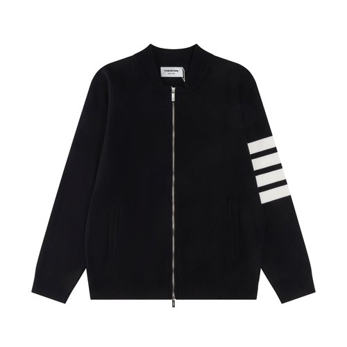 Thom Browne Soft Wool Blend Zip-Up with Four Stripes, Black