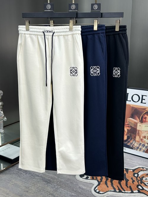 Loewe New Casual Pants with Embroidered Logo, Black/Navy/Beige