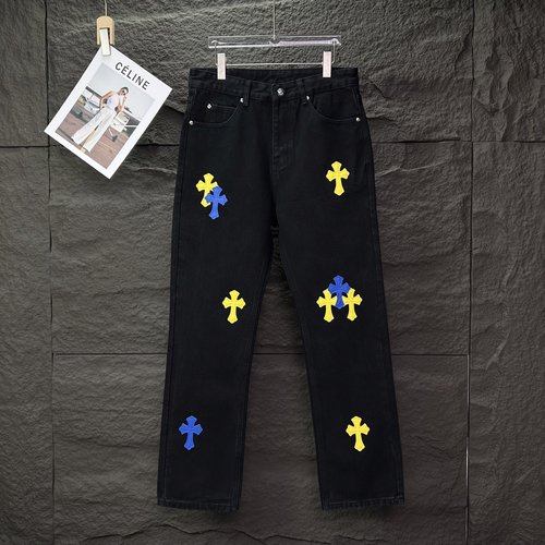 Chrome Hearts Blue-Yellow Sanskrit Cross Patch Denim Jeans