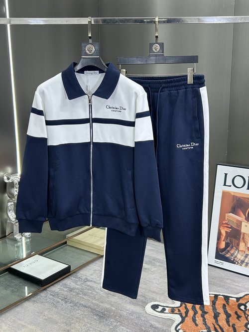 Dior Top-stitched Jacquard Zippered Casual Suit