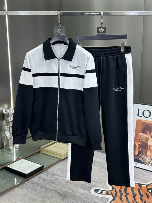 Dior Top-stitched Jacquard Zippered Casual Suit